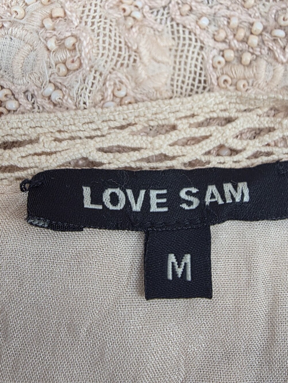 Love Sam Beaded Embroidered Boho Mini Dress Blush Lace Tiered Ruffle M - Picture 14 of 16
